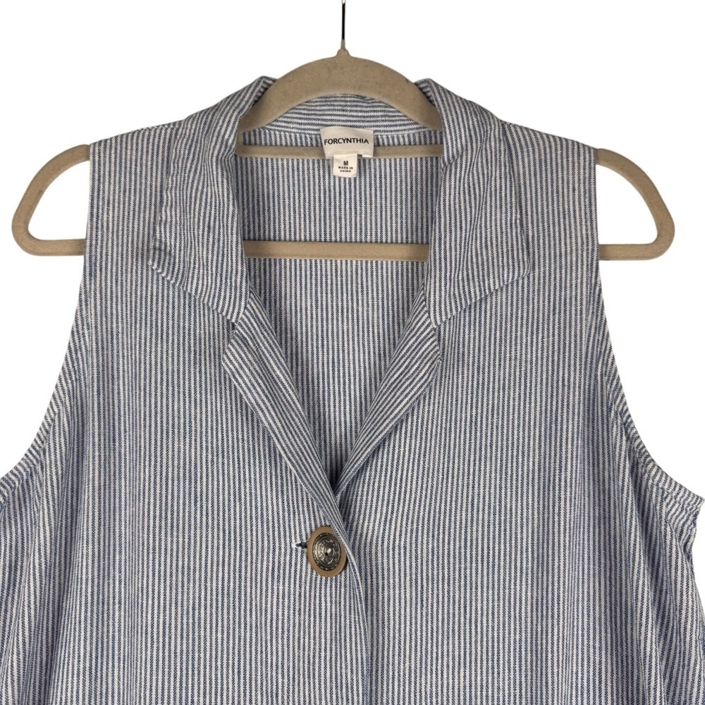 For Cynthia Linen Blend Striped Sark Bite Shirt Dress Sz M Patch Ruched Pockets - Picture 2 of 8